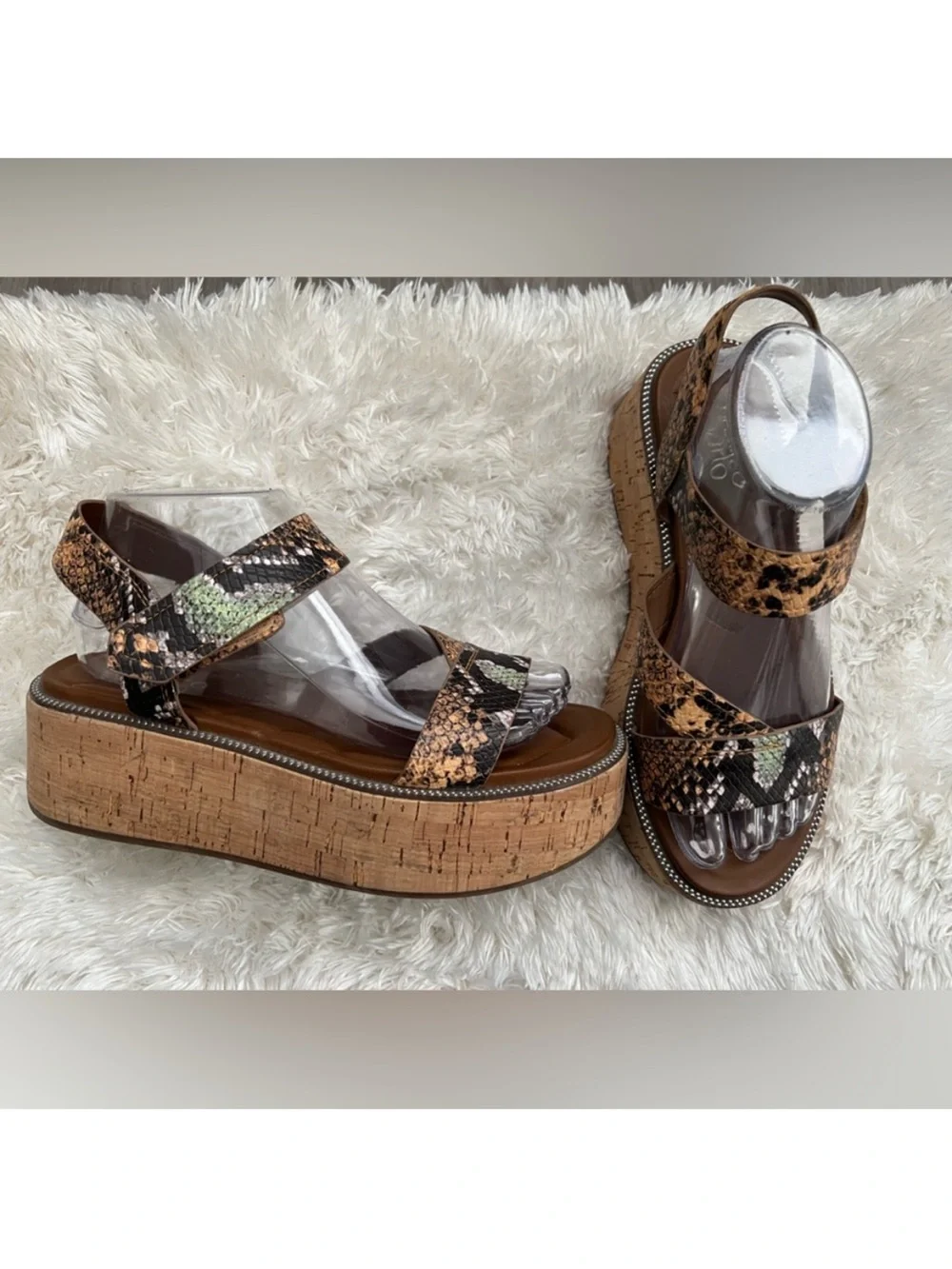 Franco Sarto Snake Print Cork Platform Wedge Sandals Women’s 9.5 Leather